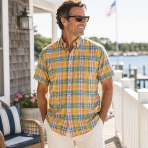 Ralph Lauren Madras Plaid Button Down Shirt Classic Fit Short Sleeve Men's L